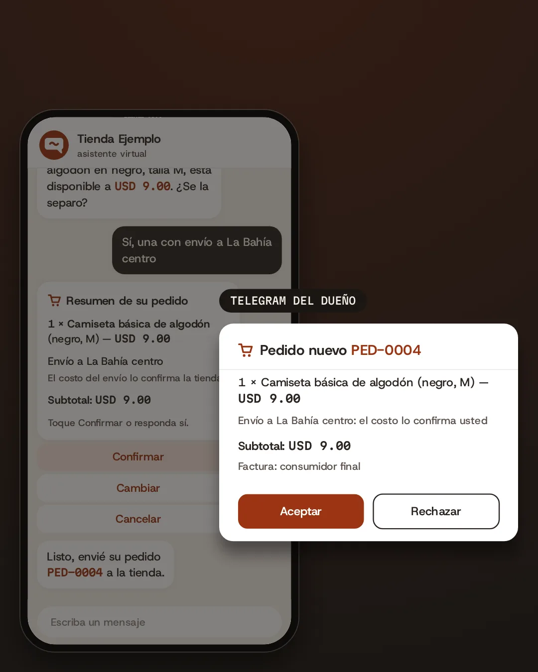 Un cliente pregunta por WhatsApp, el asistente responde con el catálogo de la tienda, arma el pedido y el dueño lo acepta desde Telegram con un toque.